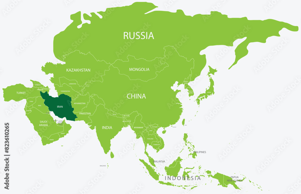 Highlighted green map of IRAN inside light green political map of Asia using orthographic projection on light blue background Highlighted green map of IRAN inside light green political map of Asia using orthographic projection on light blue background
