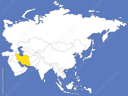 Highlighted yellow map of IRAN inside white political map of Asia using orthographic projection on dark blue background