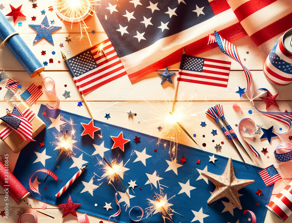 Obraz premium Patriotic July 4th Flat Lay on Light Background
