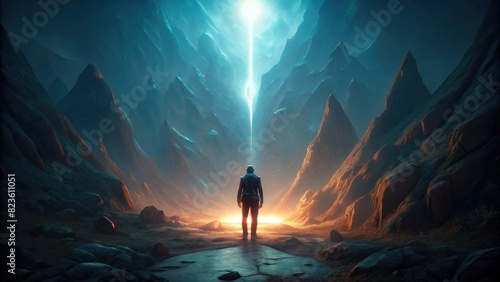 A man walking through a dark valley  his back to the camera  with a bright light in the distance