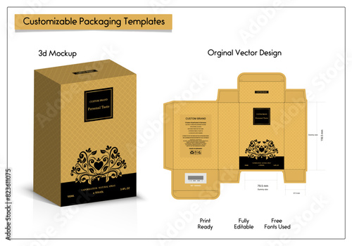 Box Design templates, Box packaging die cut template design. 3d mock-up frames, for packaging, and design of Fragrance Box products. for perfume Isolated on a colorful background. vector illustration