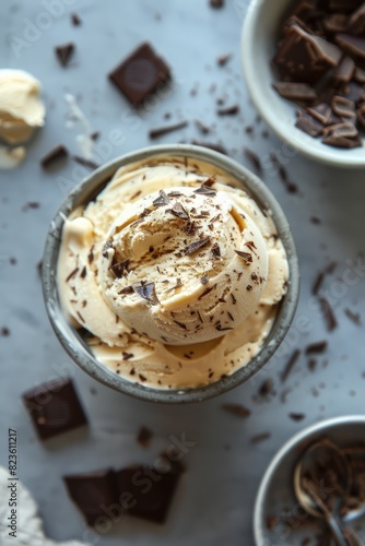 Ice cream with chocolate chips top view