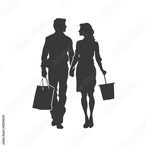 Silhouette man and women with Shopping basket full body black color only
