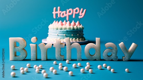 Happy Birthday written with beautiful stylish letters on a plain royal blue background with a birthday cake decorated with edible pearls in the background