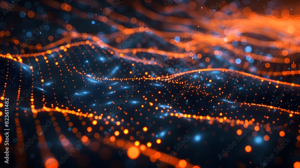 Abstract futuristic digital landscape with glowing orange and blue dots creating a network or grid aesthetic. Ideal for technology themes. Abstract futuristic digital landscape with glowing orange and blue dots creating a network or grid aesthetic. Ideal for technology themes.