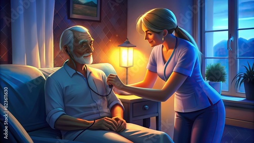 A professional nurse checks the vital signs of an elderly man while providing care and support, ensuring his health and well-being in a home setting photo