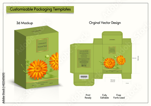 Premium Perfume Packaging Design Luxury 3d Box die line, Box Mockup labels, frames and Design elements, 3d Illustration, Vector design Template.