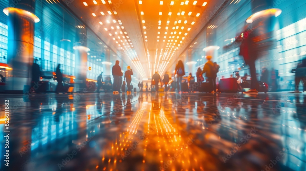 Blurred motion of passengers walking in a busy airport terminal