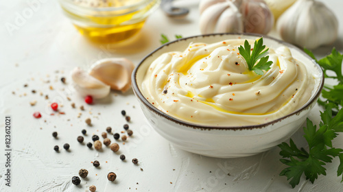 Tasty mayonnaise sauce in bowl ingredients and spices