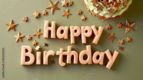 Happy Birthday written with beautiful stylish letters on a plain olive green background with a birthday cake decorated with edible stars in the background