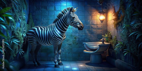 A staged photo of a zebra sitting on a toilet, its hooves dangling over the edge photo