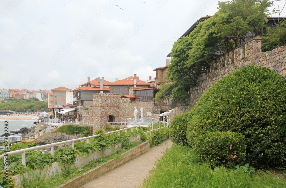 Sozopol, Bulgaria. The fortress walls of the medieval city and modern buildings. The Black Sea coast Sozopol, Bulgaria. The fortress walls of the medieval city and modern buildings. The Black Sea coast