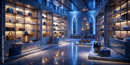 A spacious and well-lit interior of a Dior store with shelves displaying handbags, perfumes, and other luxury items photo
