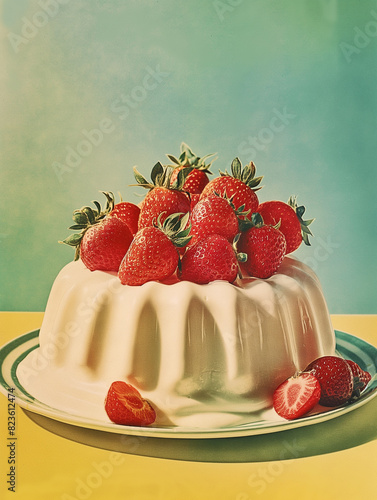 Vintage Illustration of jelly Pudding with strawberries