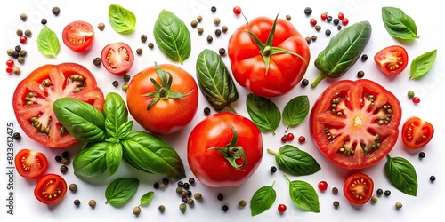 A vibrant overhead view of ripe whole and sliced tomatoes  basil leaves  and black and green peppercorns scattered over a background  isolated for easy compositing