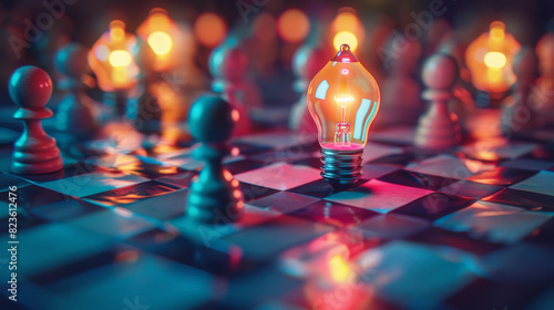 A glowing light bulb stands on a chessboard, surrounded by pawns, symbolizing innovation, strategy, and bright ideas in a competitive or strategic setting. photo