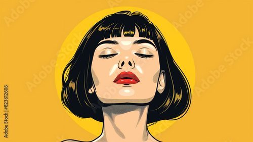Pop art concept woman with closed eyes wishes well. Isolated yellow background retro comic style. photo
