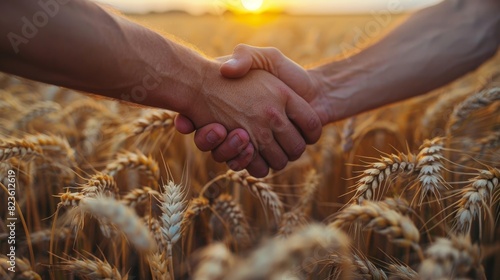 Two people shaking hands against a background of a golden wheat field at sunset