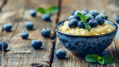 Tasty millet porridge with blueberries and mint in bow