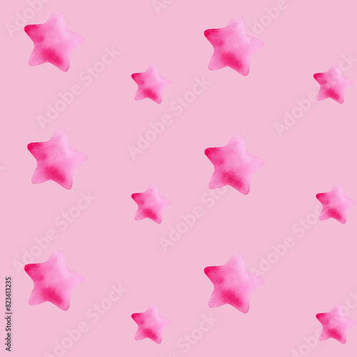 Seamless simple watercolor pattern with lovely pink stars. Handmade watercolor illustration on pink background. For wrapping paper  textile  fabric