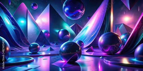 Abstract shapes in blue and purple hues, arranged in a dynamic composition, creating a sense of movement and energy photo