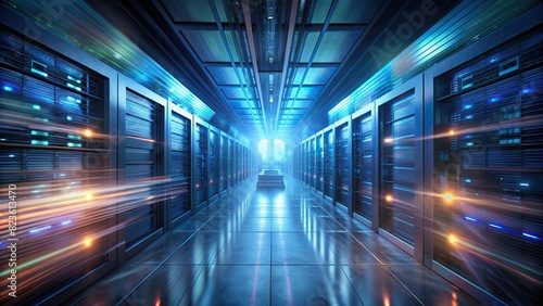 Abstract image of server room in motion blur. Servers are blinking and flashing © artsakon