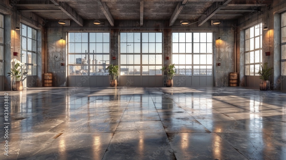 Warm sunlight floods the empty industrial space with glossy floors and large windows, creating a reflective ambiance