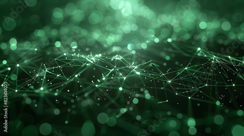 Abstract green digital network background with connecting lines and dots. Futuristic technology concept. Ideal for tech and sci-fi themes. © Tackey