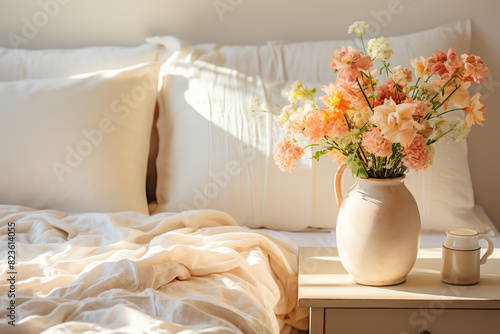 A cozy bedroom with a vase of flowers on the nightstand
