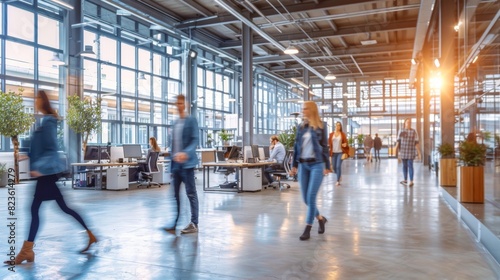 Image captures the dynamic environment of a bustling office space with blurred motion of people at work