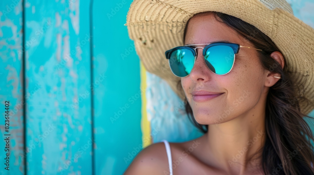 A woman wearing a straw hat and sunglasses is smiling at the camera A woman wearing a straw hat and sunglasses is smiling at the camera