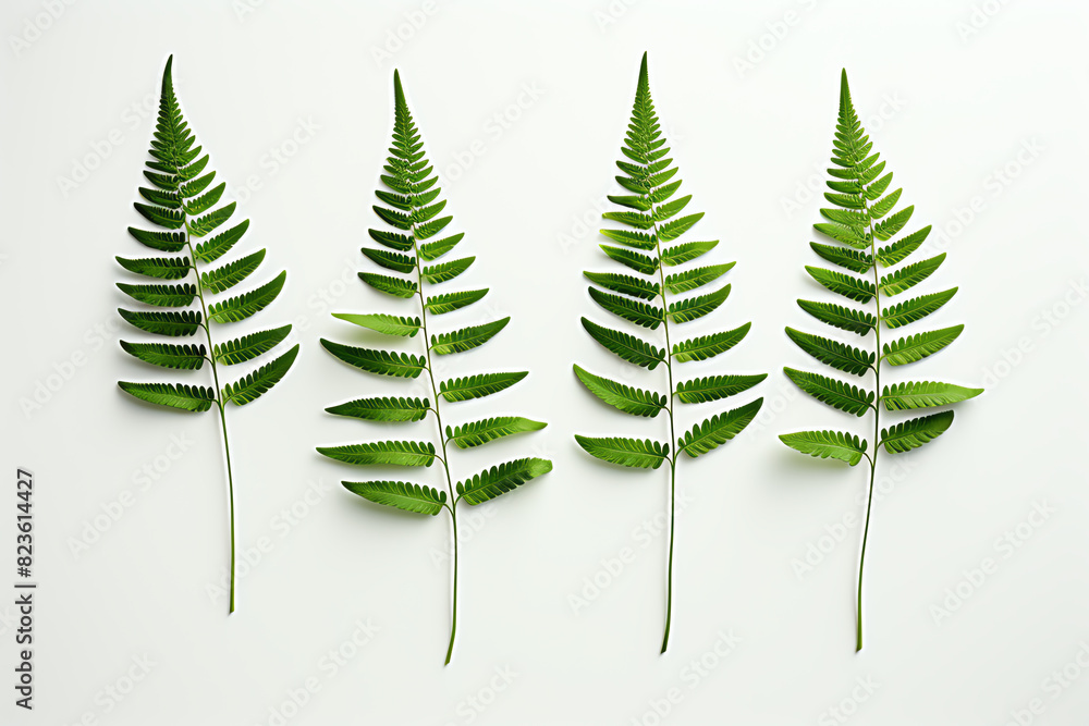 Four unrolled fern leaves on a white background. Four unrolled fern leaves on a white background.