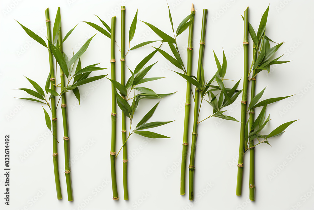 Fototapeta premium Fresh green bamboo stalks with leaves isolated on white background.