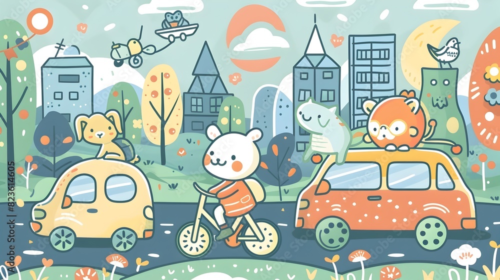 Whimsical Town with Cute Animal Characters on Vehicles