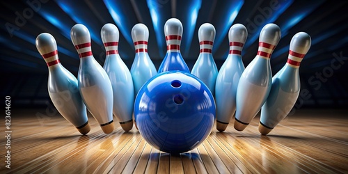 Blue bowling ball hitting ten bowling pins, creating a strike photo