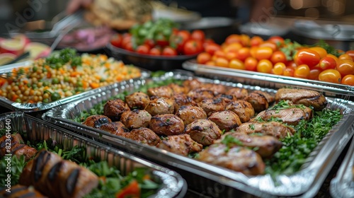 An array of grilled meats and fresh vegetables catered on a buffet table in a warm setting