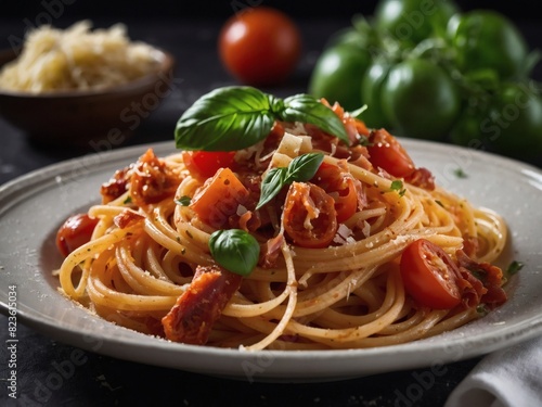 Spaghetti alla Amatriciana, pancetta, tomatoes, pecorino