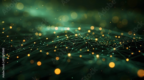 Abstract green network with glowing nodes and lines, representing connectivity, technology, and digital data in a futuristic design. photo