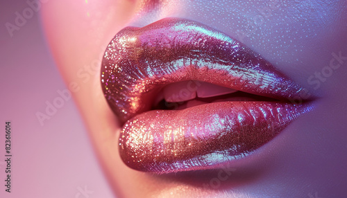 Close-up of glamorous shiny lips with iridescent makeup in blue and pink lighting, showcasing beauty and fashion trends.