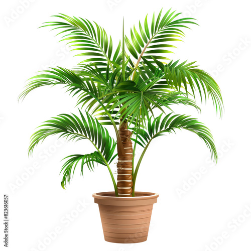 A palm tree planted in a pot  set against a plain white background