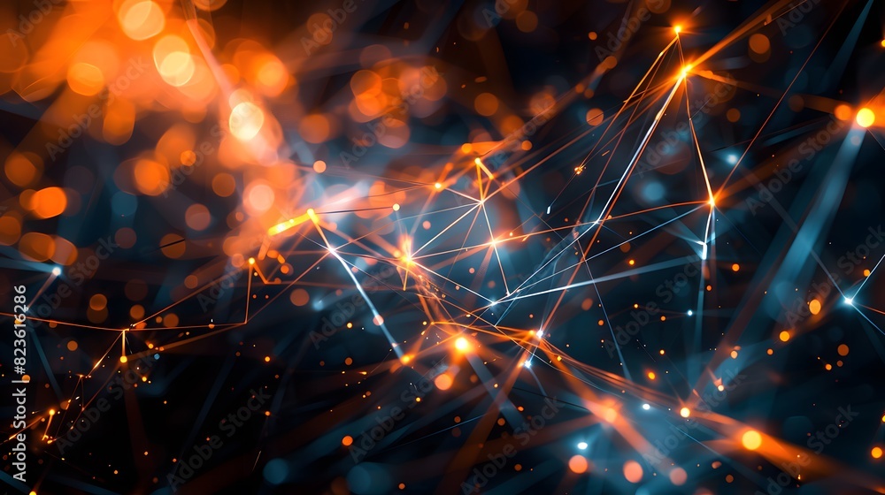 Abstract image of glowing, interconnected lines and points creating a futuristic, digital network with vibrant orange and blue hues. Abstract image of glowing, interconnected lines and points creating a futuristic, digital network with vibrant orange and blue hues.