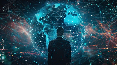 Businessman, night or vr global network hologram for digital future technology, big data or virtual reality. Dark office, globe overlay or person in futuristic metaverse world © Sattawat