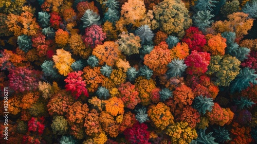 High-angle view of a vibrant autumn forest, showcasing a patchwork of red, orange, and yellow foliage --ar 16:9 --style raw Job ID: f4640172-a0a2-43ae-a7c9-4111dc903153