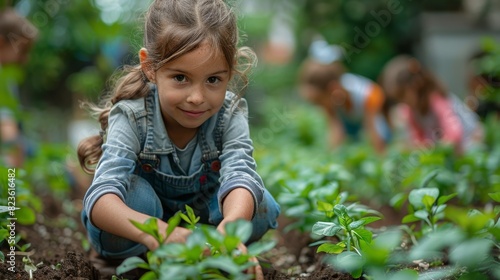A female child is focused on planting seedlings, with other kids visible in the background photo