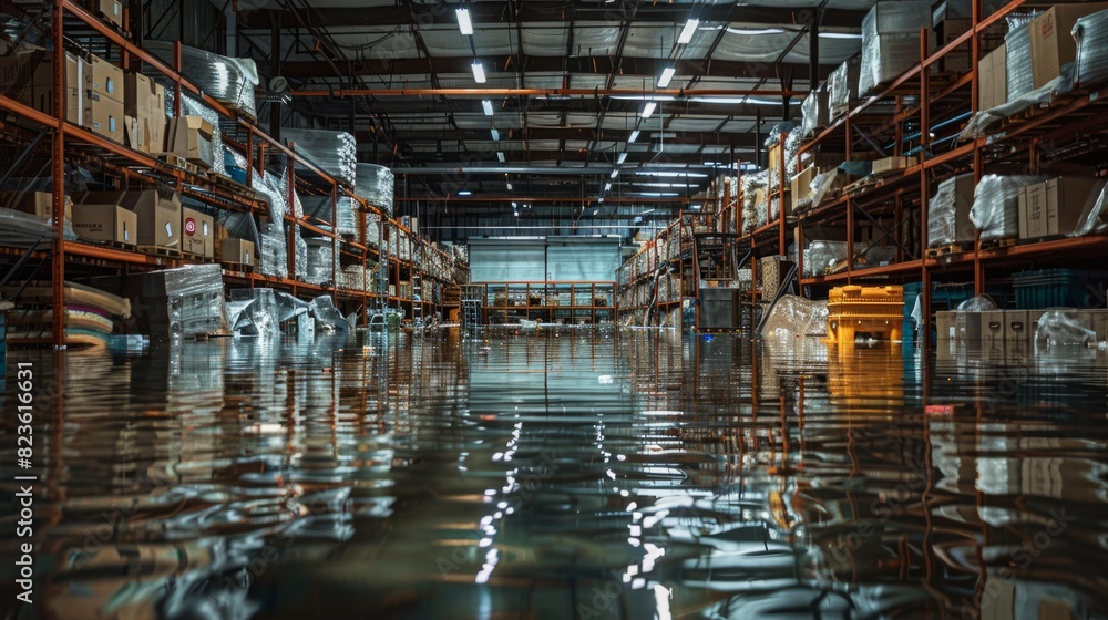 Wide shot capturing the chaos of a warehouse under water damage.