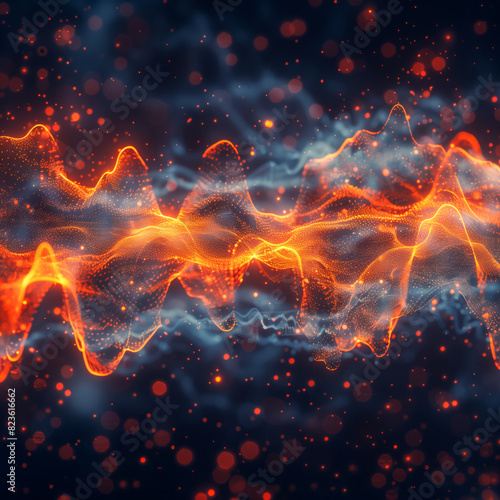 Abstract waves background, synth waves and light particles and dust on dark background, abstract concept inspired by technology and informatics