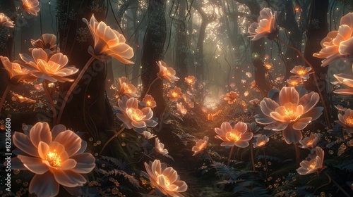 A surreal forest of giant  glowing flowers  casting an ethereal light on the surroundings.
