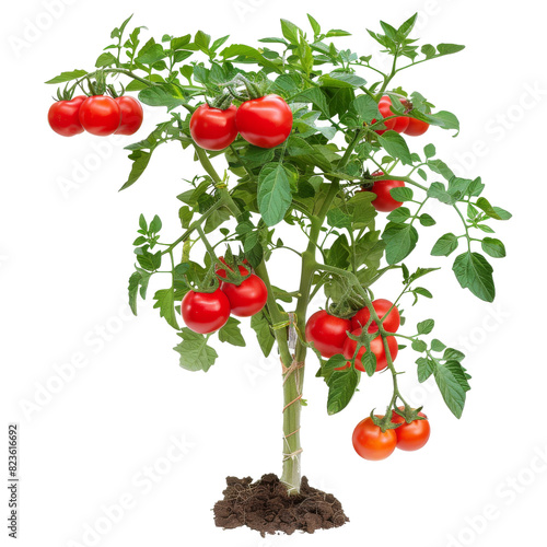 A tomato plant bearing numerous ripe and green tomatoes on a transparent background