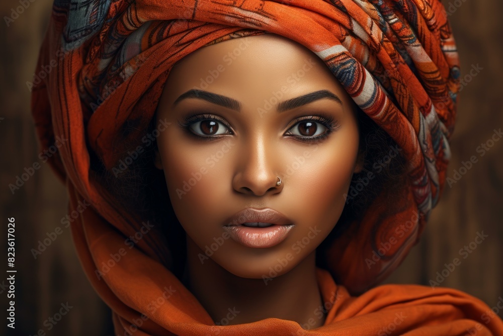 Naklejka premium Portrait of a stunning woman with a vibrant headscarf against a wooden backdrop