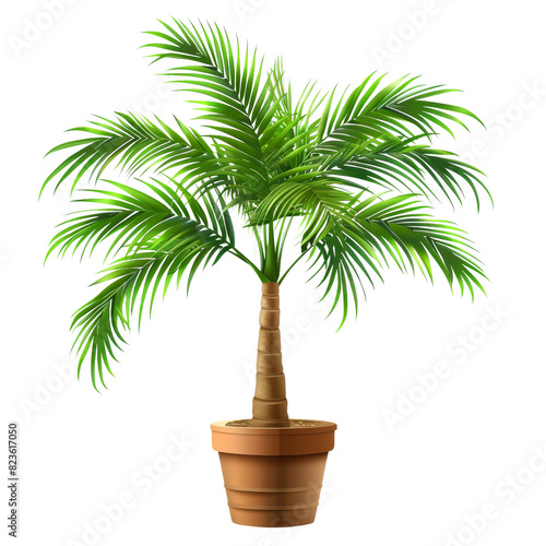 A lush palm tree planted in a decorative pot  on isolated transparency background